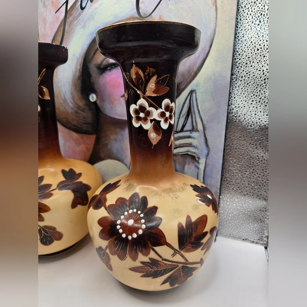 Antique Victorian Tan & Brown Floral Opaline Bristol Glass Pair of Vases